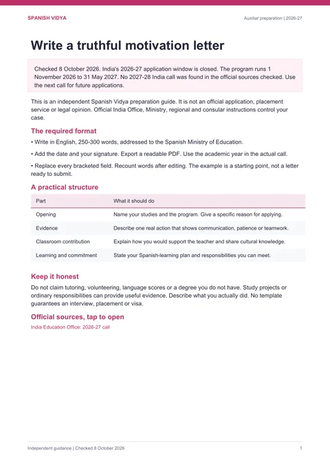 First page of the motivation-letter guide, with the dated 2026-27 call notice