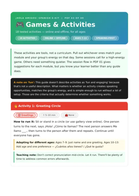 First page of the Games and Activities PDF