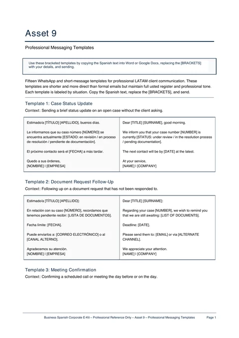 First page of Professional Messaging Templates, with Spanish messages and English translations
