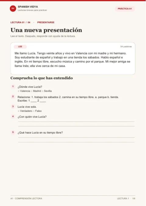 First page of the A1 Reading Comprehension PDF
